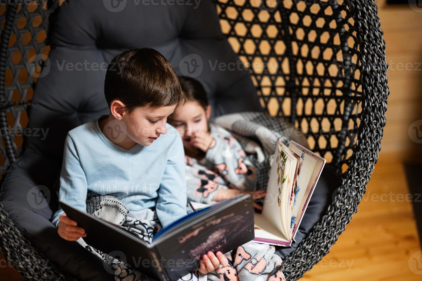 hermano con hermana leyendo libros en cómodo colgando silla en acogedor de madera minúsculo cabina casa. vida en campo. foto