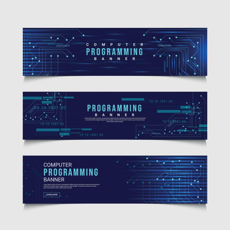 Computer Programming Horizontal banner, Technology Background Design, Set of Banners With Blue Background vector