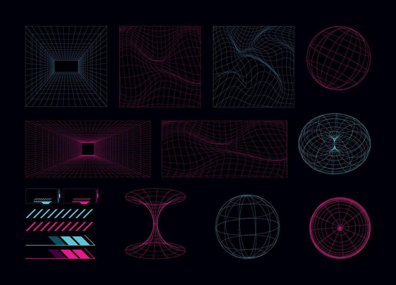 Geometric retro wireframe 3d shapes, futuristic and cyberpunk grid elements with rave style, abstract background with glowing neon lights vector