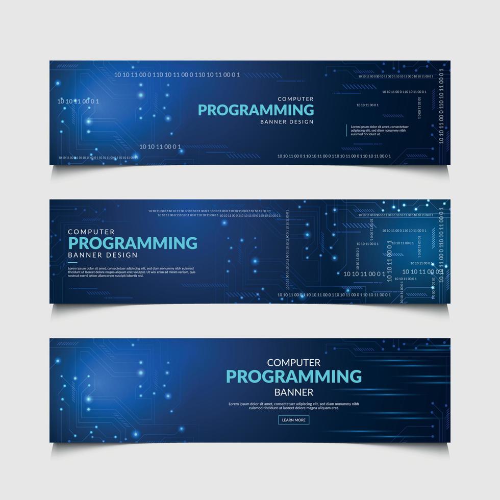 Computer Programming Horizontal banner, Technology Background Design, Set of Banners With Blue Background vector