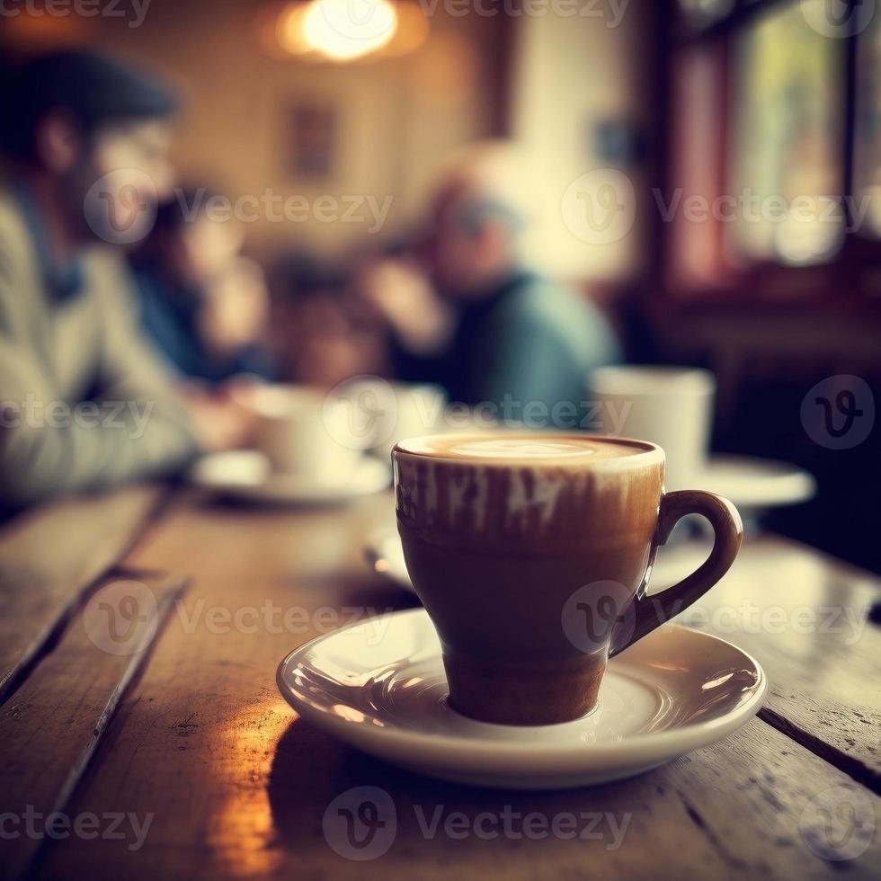 Coffee cup on the table with blurred coffee shop in background, created with generative AI photo