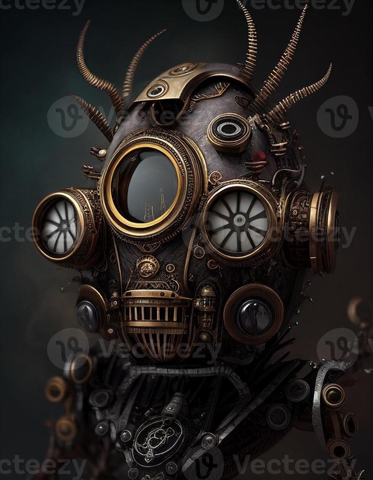 Portrait of the steampunk style robot, created with generative AI photo