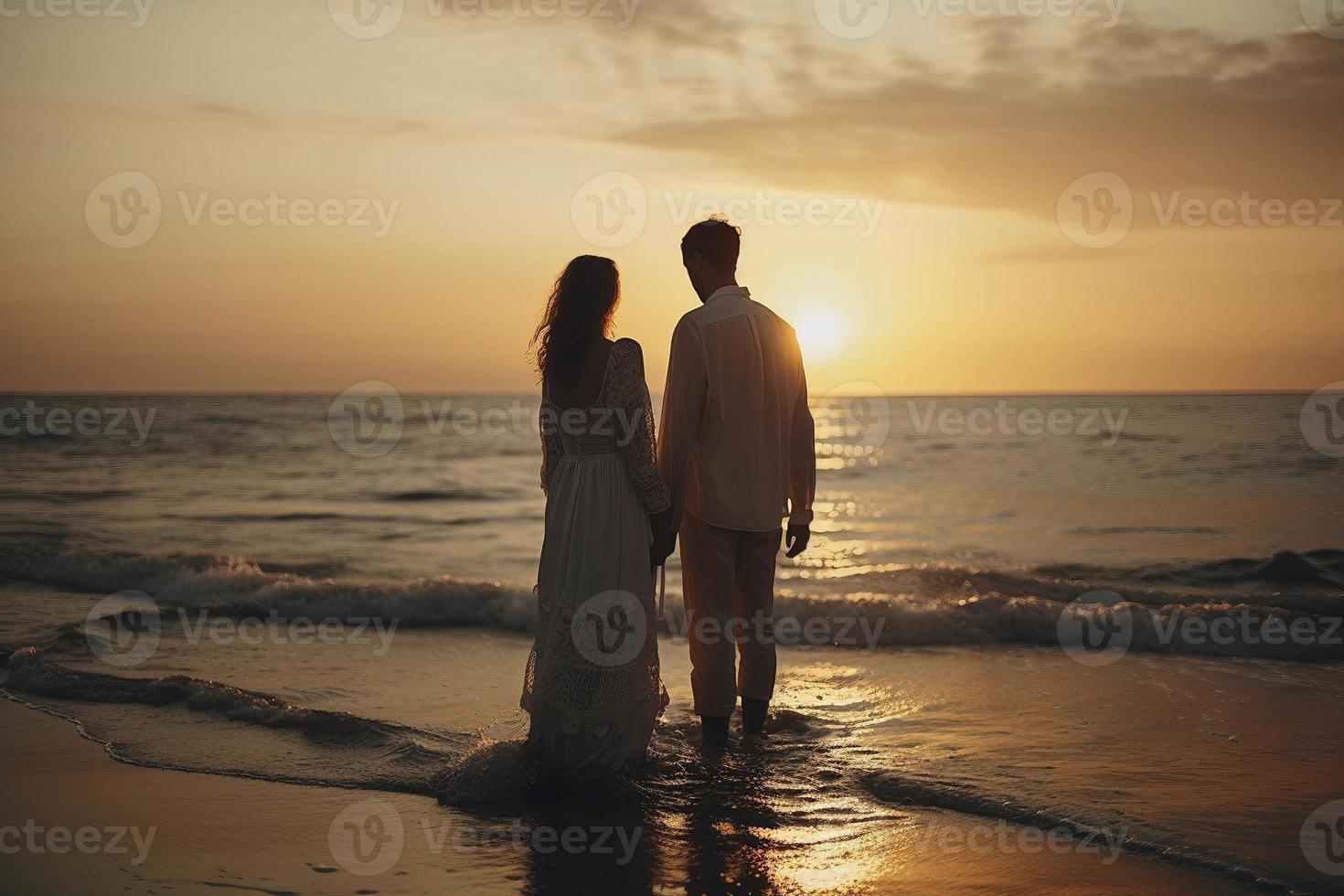Young couple on the beach at sunset, created with generative AI photo