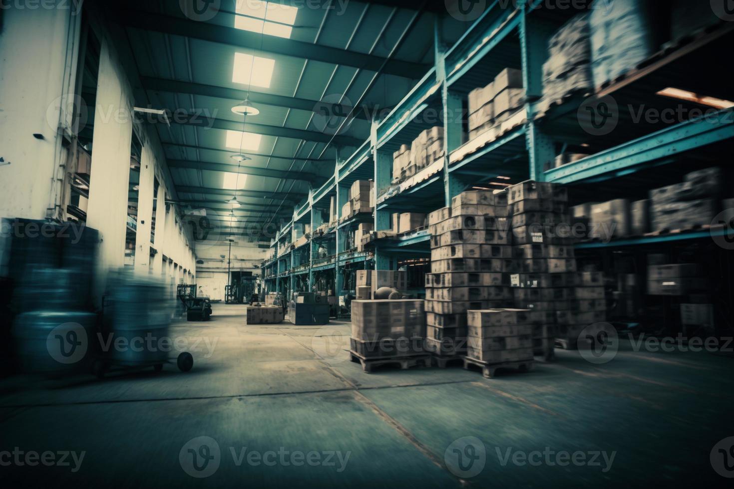 Blurred industrial warehouse interior, created with generative AI photo