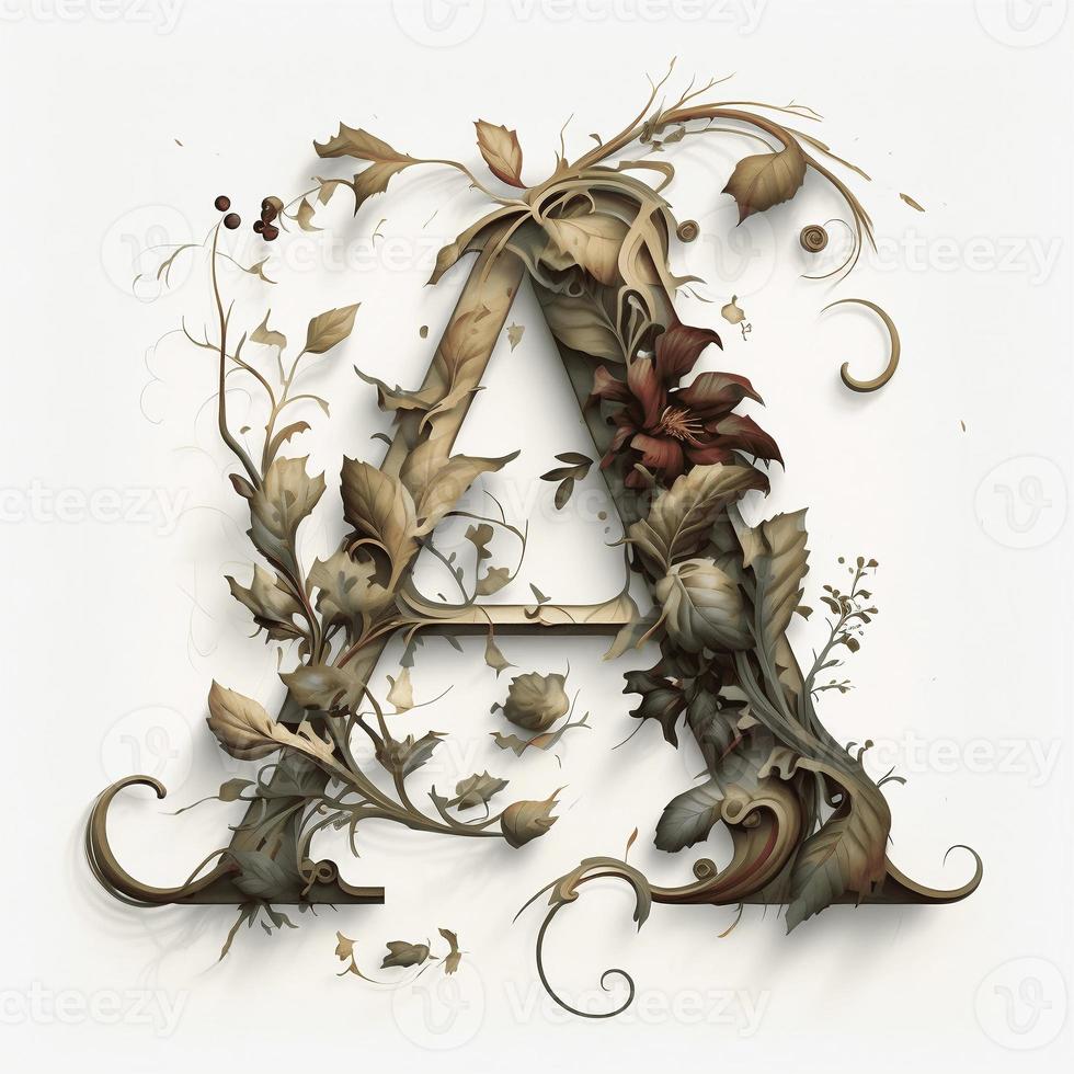 Natures detailed letter A with vine, branches and leaves, created with generative AI photo