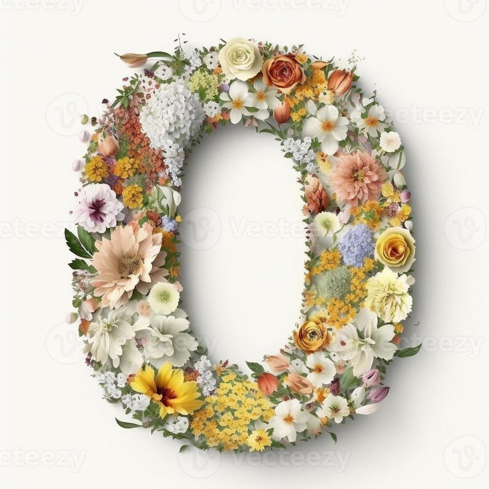 Letter O made of flowers and leaves. Flower font concept, created with generative AI photo