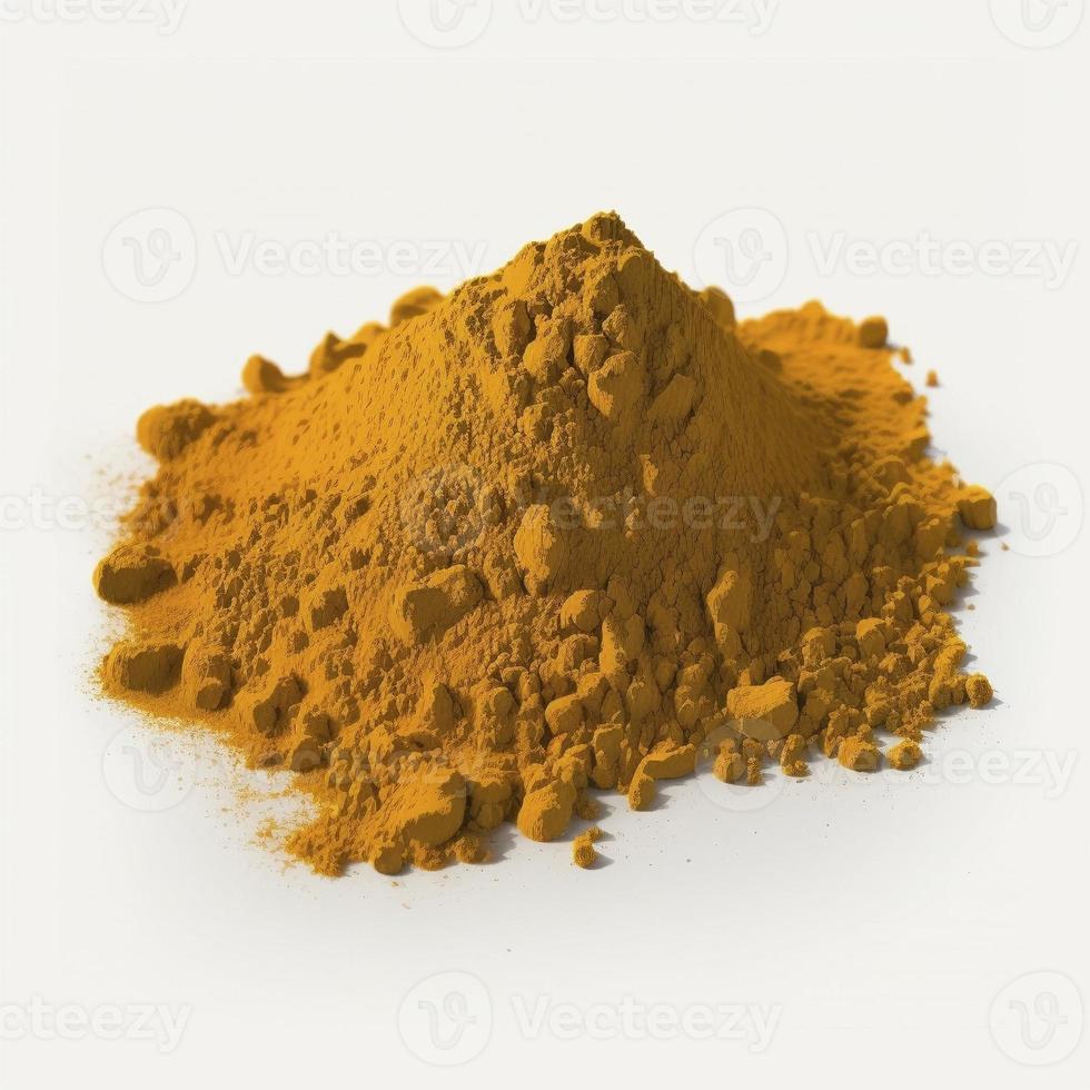 Pile of tumeric powder on white, created with generative AI photo