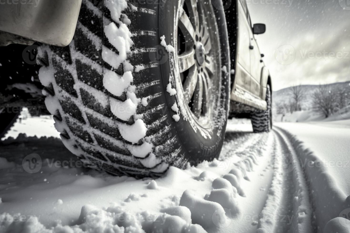 Driving on snow, closeup on tyre, created with generative AI photo