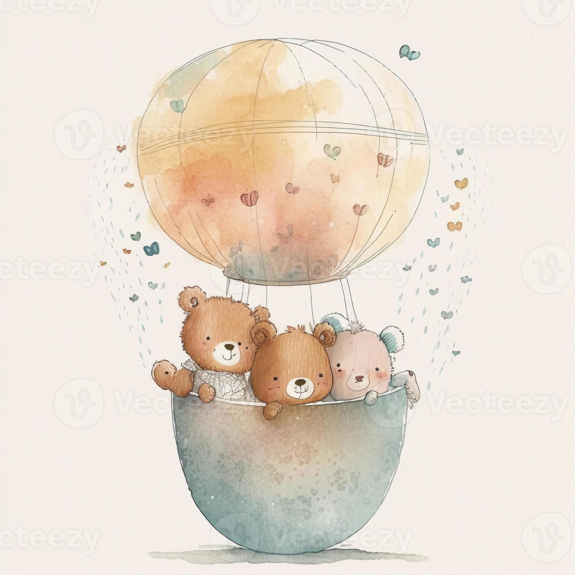 Watercolor illustration of three cute little bears in the baloon
