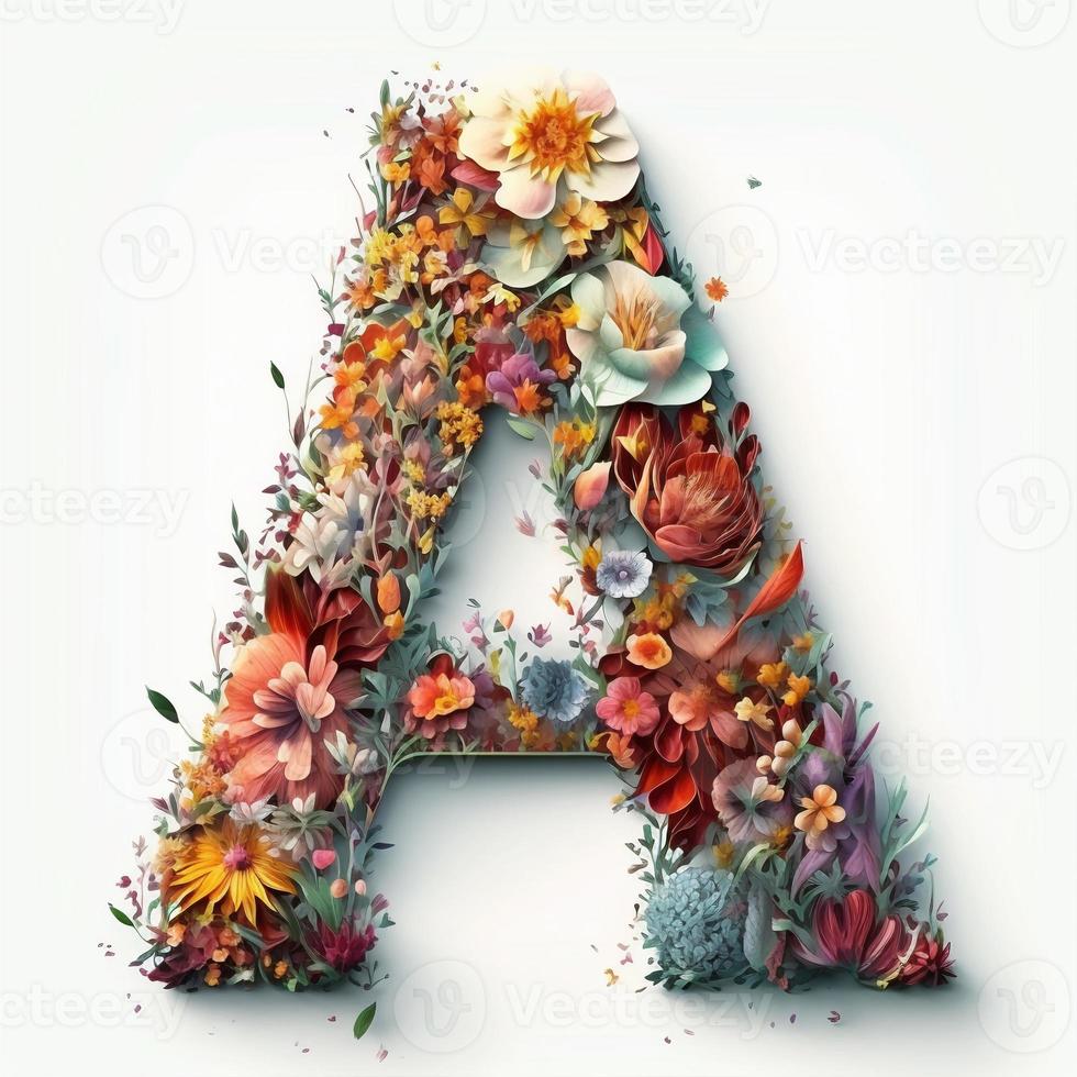 Letter A made of flowers and leaves. Flower font concept, created with generative AI photo