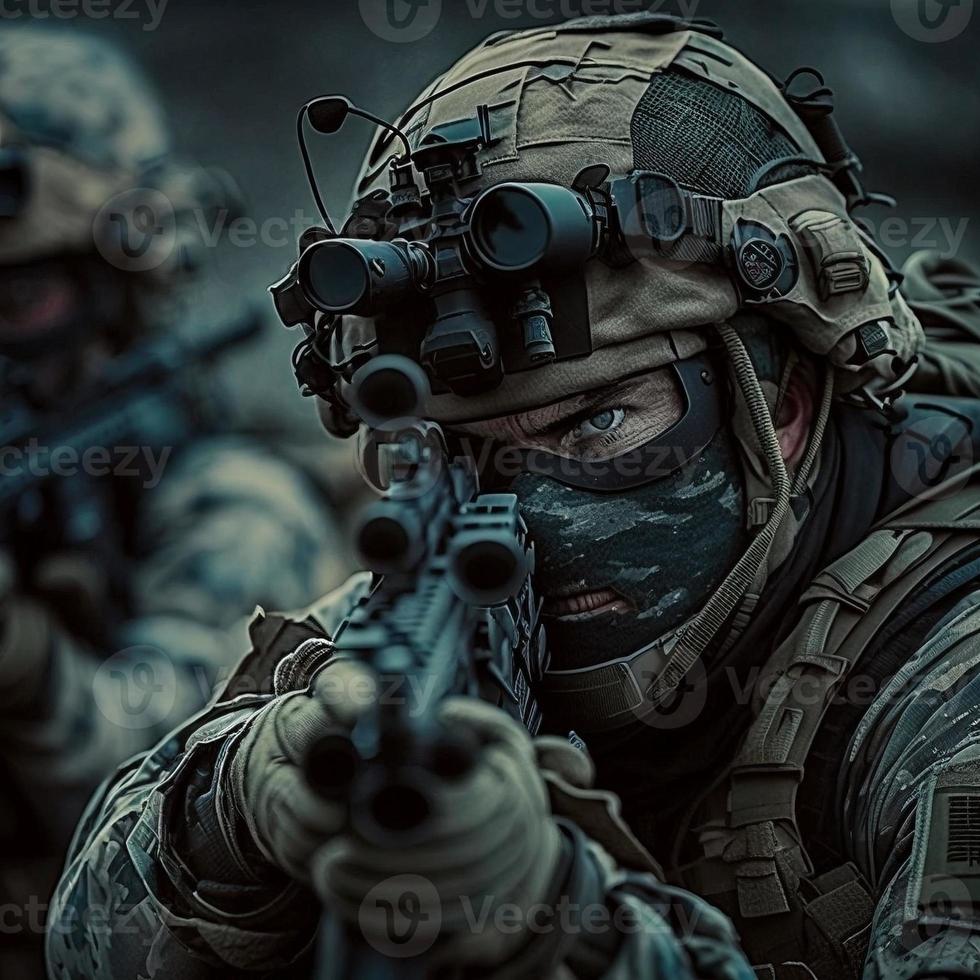 Special forces member aiming with rifle, created with generative AI photo