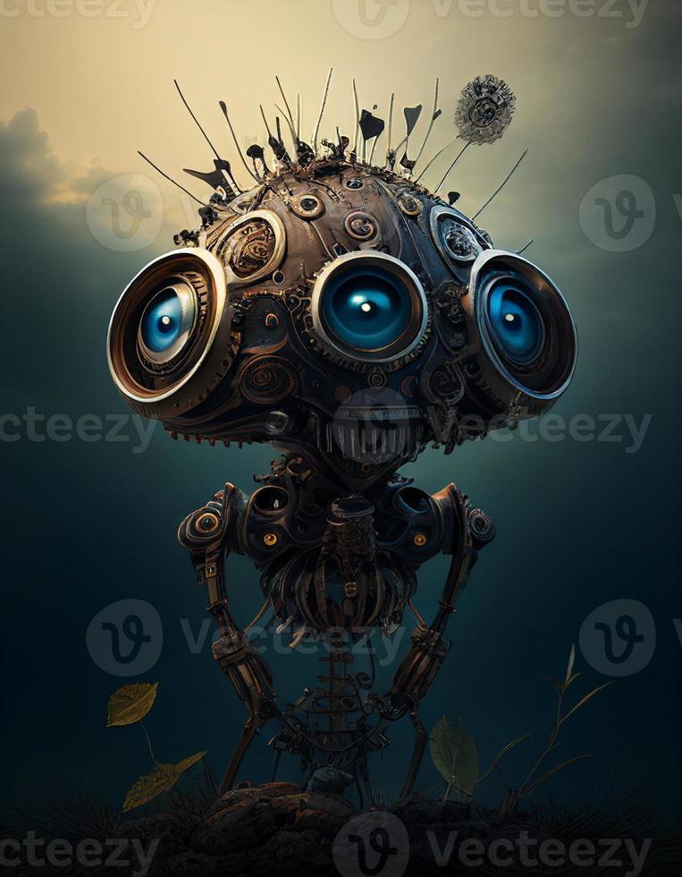 Portrait of the steampunk style robot, created with generative AI photo