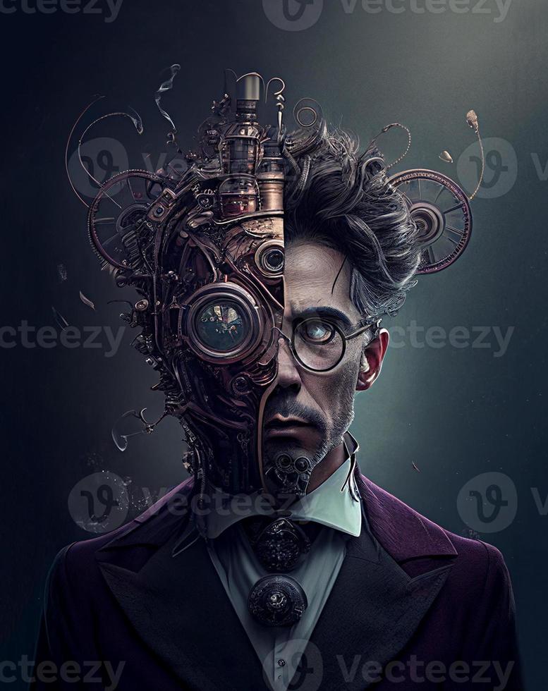 Portrait of the steampunk style robot, created with generative AI photo