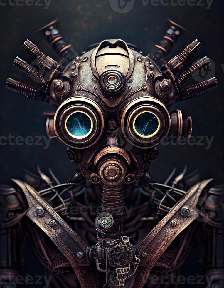Portrait of the steampunk style robot, created with generative AI photo