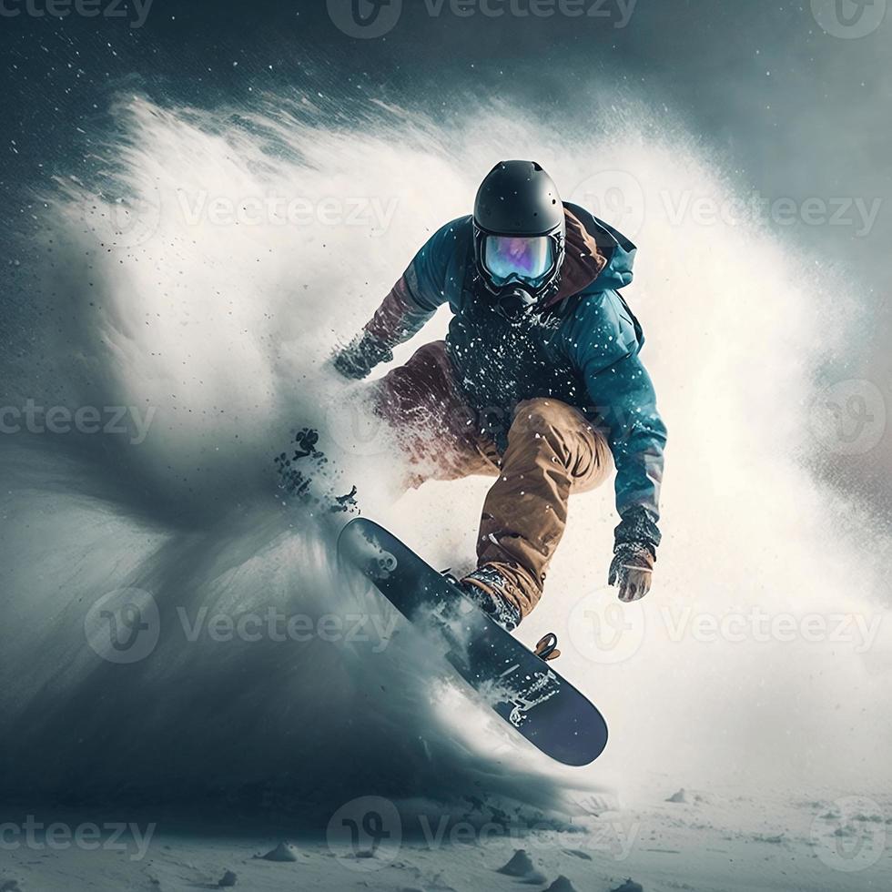 Snowboarder glides down the mountain photo
