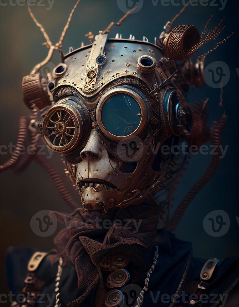 Portrait of the steampunk style robot, created with generative AI photo