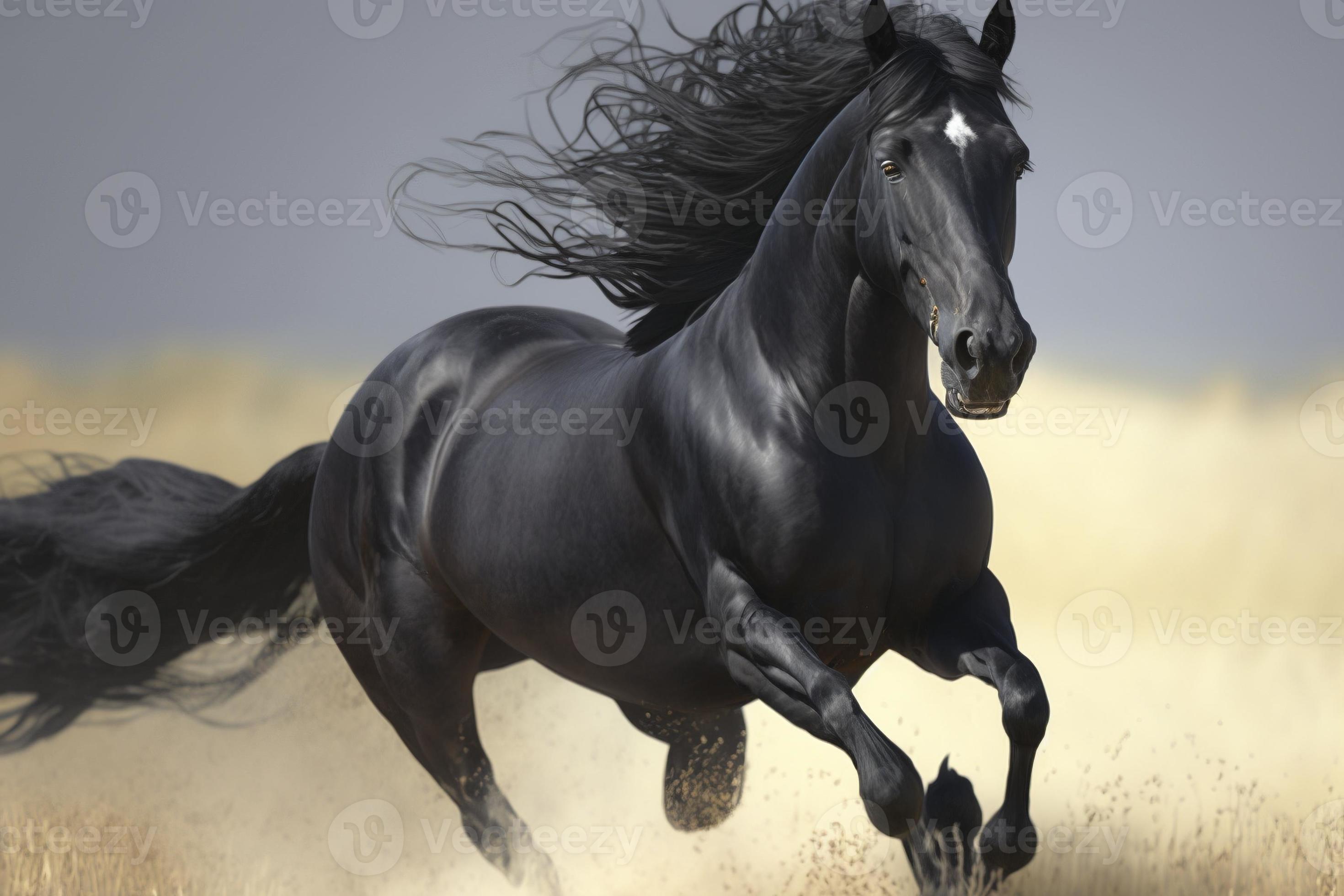 Black horse running in the field, created with generative AI