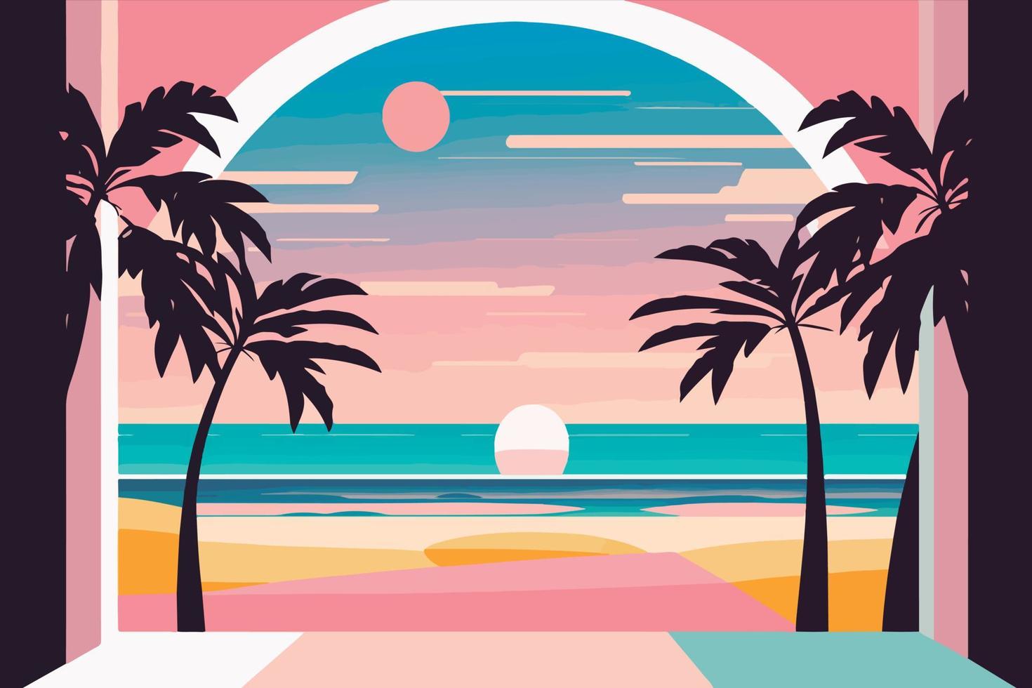 Beautiful day at the beach, the sun is rising in the blue sky, palms and the ocean view vector