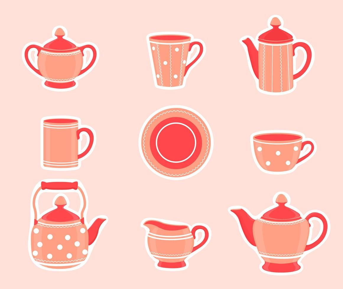 Coffee set or tea set.Tea accessories in the kitchen. Vector cartoon illustration.