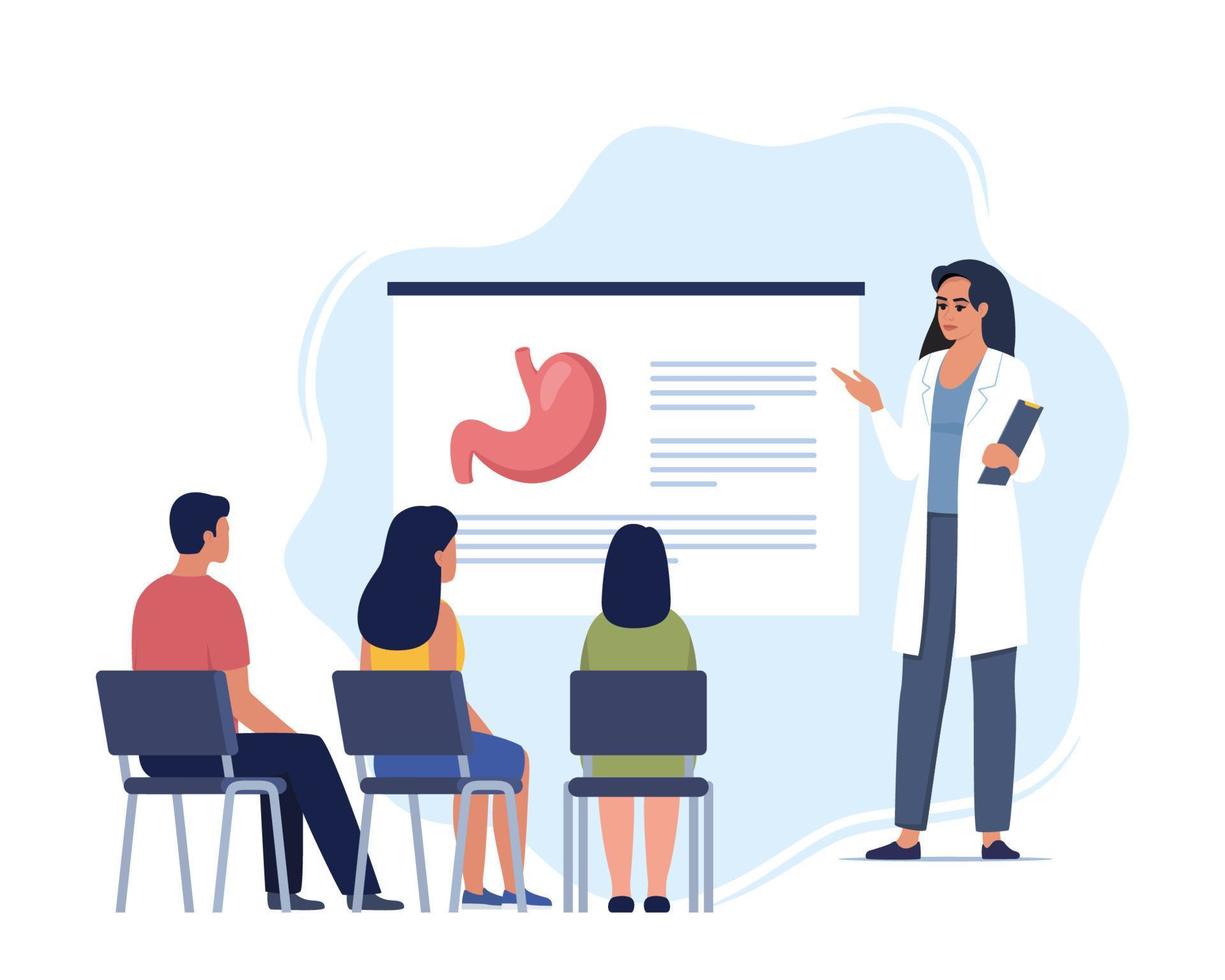 Doctor gives a training lecture about anatomy for students. Doctor presenting human stomach infographics. Online medical seminar, lecture, healthcare meeting concept. Vector illustration.