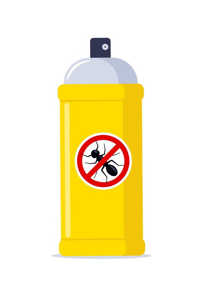 Repellent spray in the yellow bottle. Protection from the ant and other insect. Aerosol for bug bite prevention. Black ant silhouette crossed in red circle. Vector illustration.
