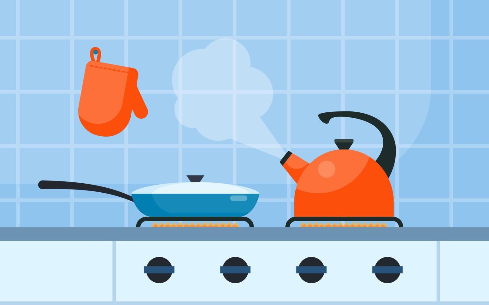 Modern gas stove, frying pan and kettle on it on flame. Home kitchen stove. Preparing food, cooking. Vector illustration in flat style.