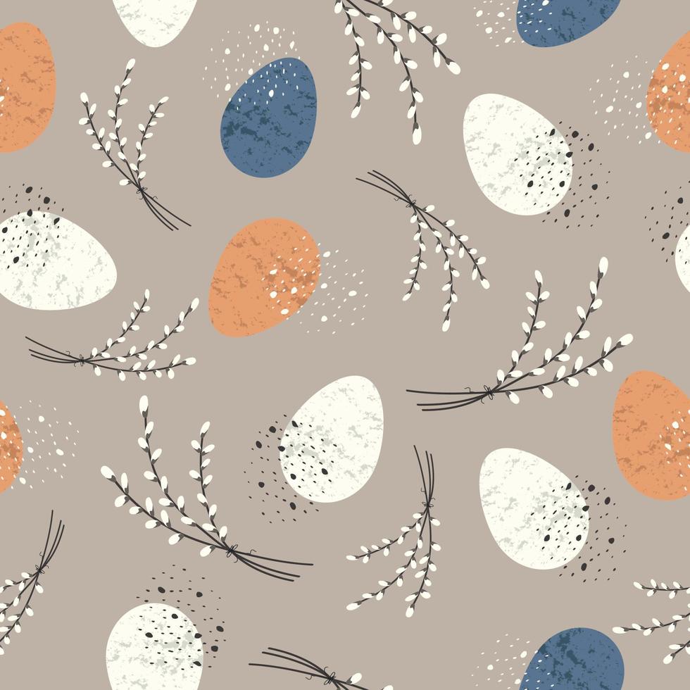 Spring seamless pattern with Easter eggs and willow branches. Eco-decor. Vector flat illustration for textiles, wrapping paper