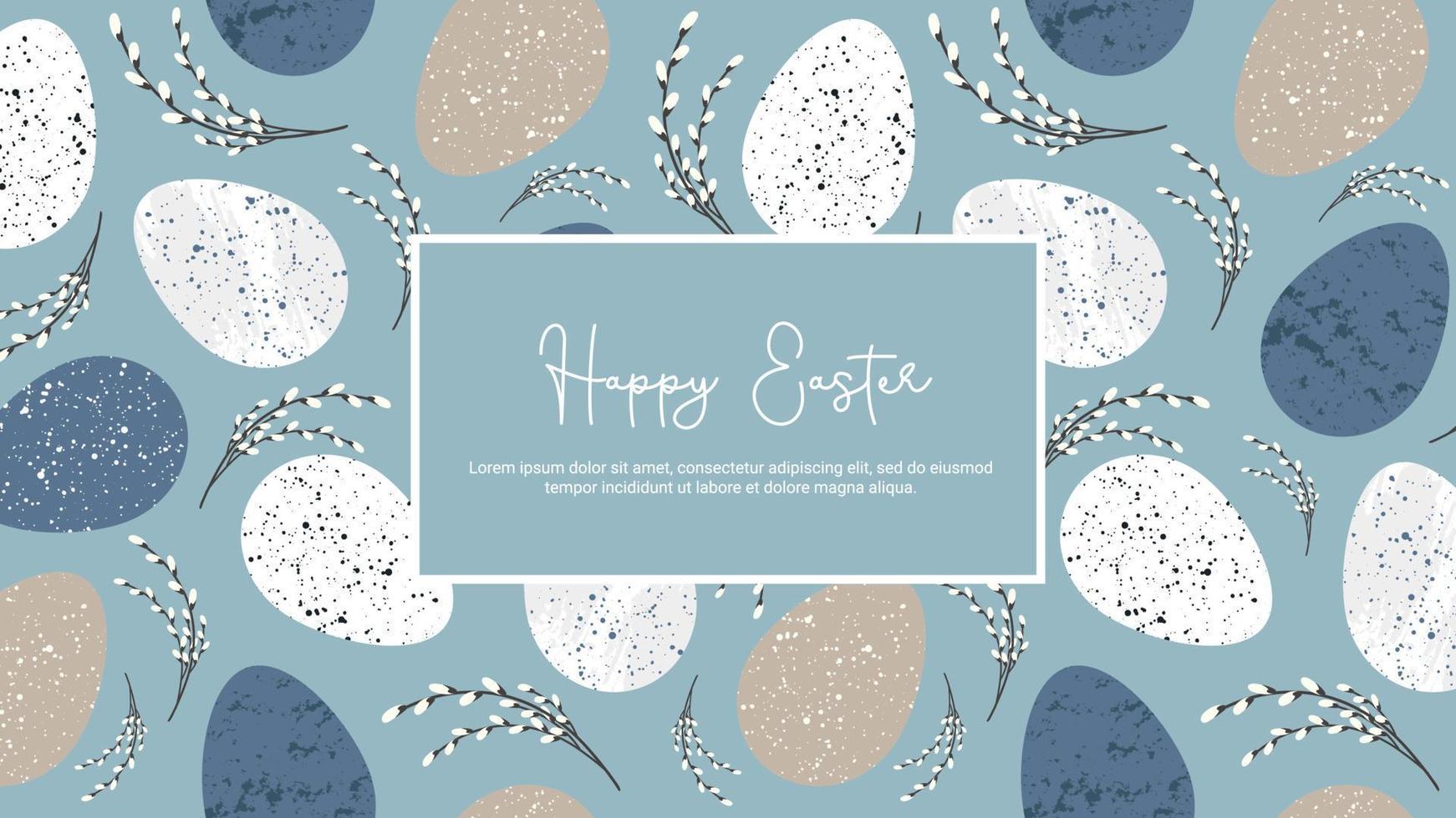 Horizontal banner with Holy Easter greeting in rustic style with Easter eggs, bouquet with willow branches on blue background. Vector template