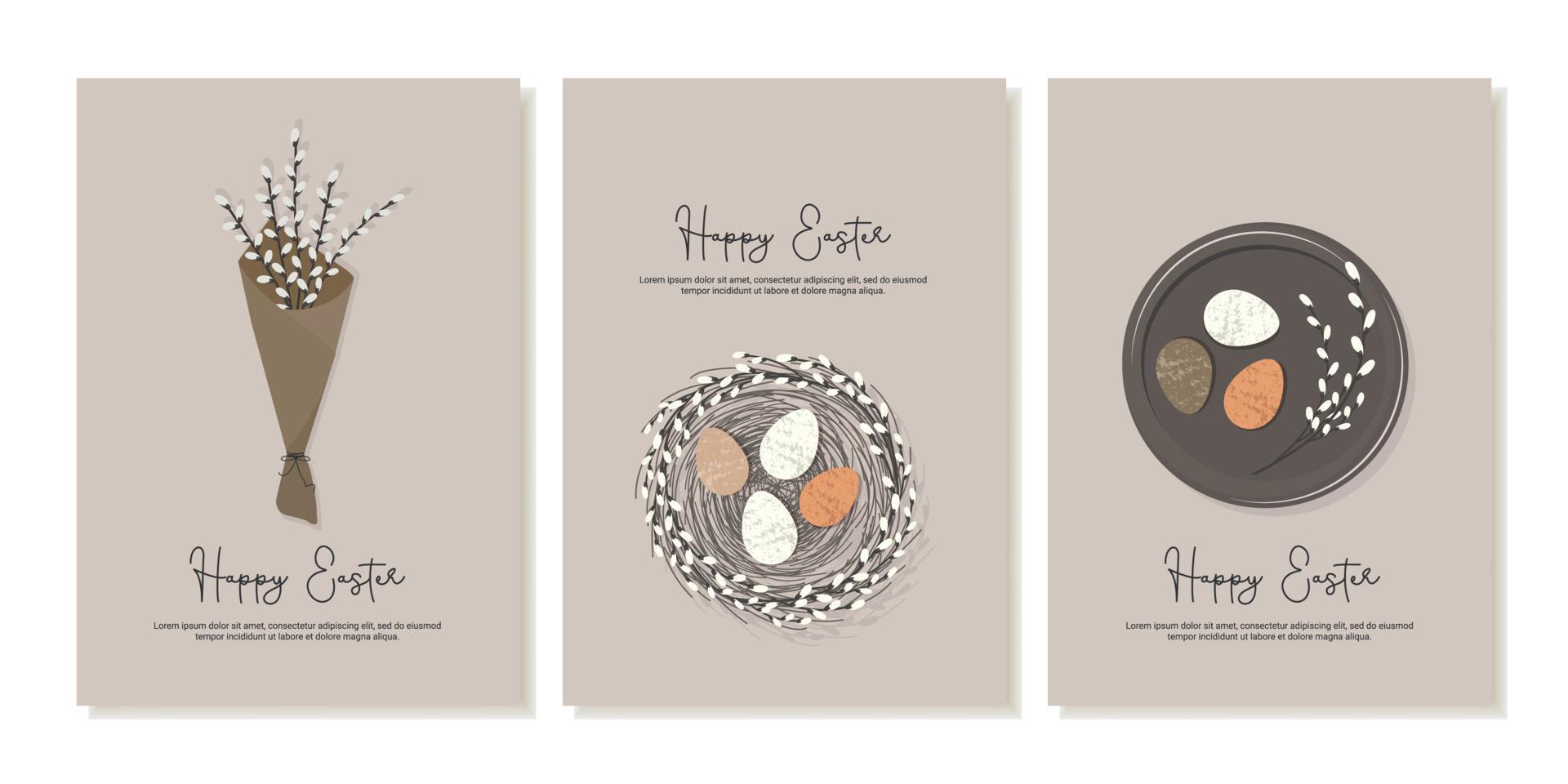 conjunto de Pascua de Resurrección tarjetas Pascua de Resurrección huevos en un lámina, sauce ramo, nido. decoración ecológica. vector plano ilustración para impresión