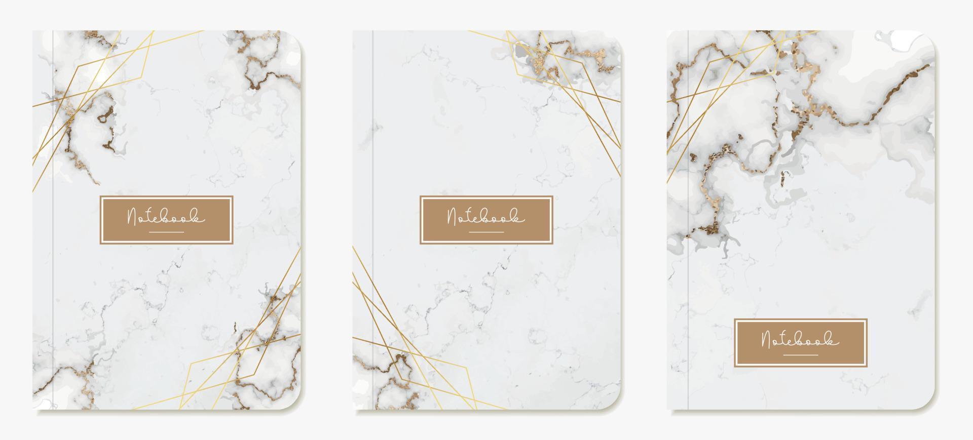 Layouts of notepads with covers. Templates with marble stone texture, gold lines and glitter. Vector for diaries, diaries, catalogs, planners