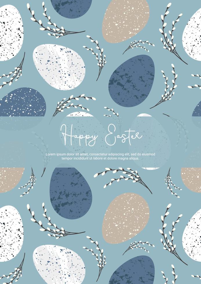 Easter card. Seamless pattern with Easter eggs on blue background in nature style. Vector for poster, print, postcard, invitation, greeting, tag.