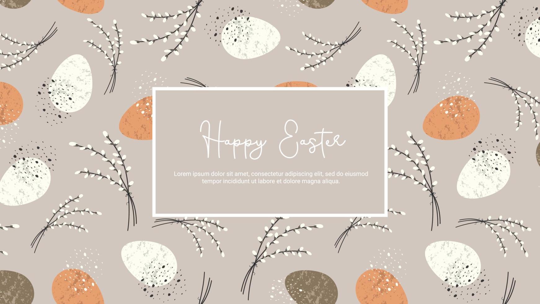 Horizontal banner with Holy Easter greeting in rustic style with Easter eggs, bouquet with willow branches. Vector template