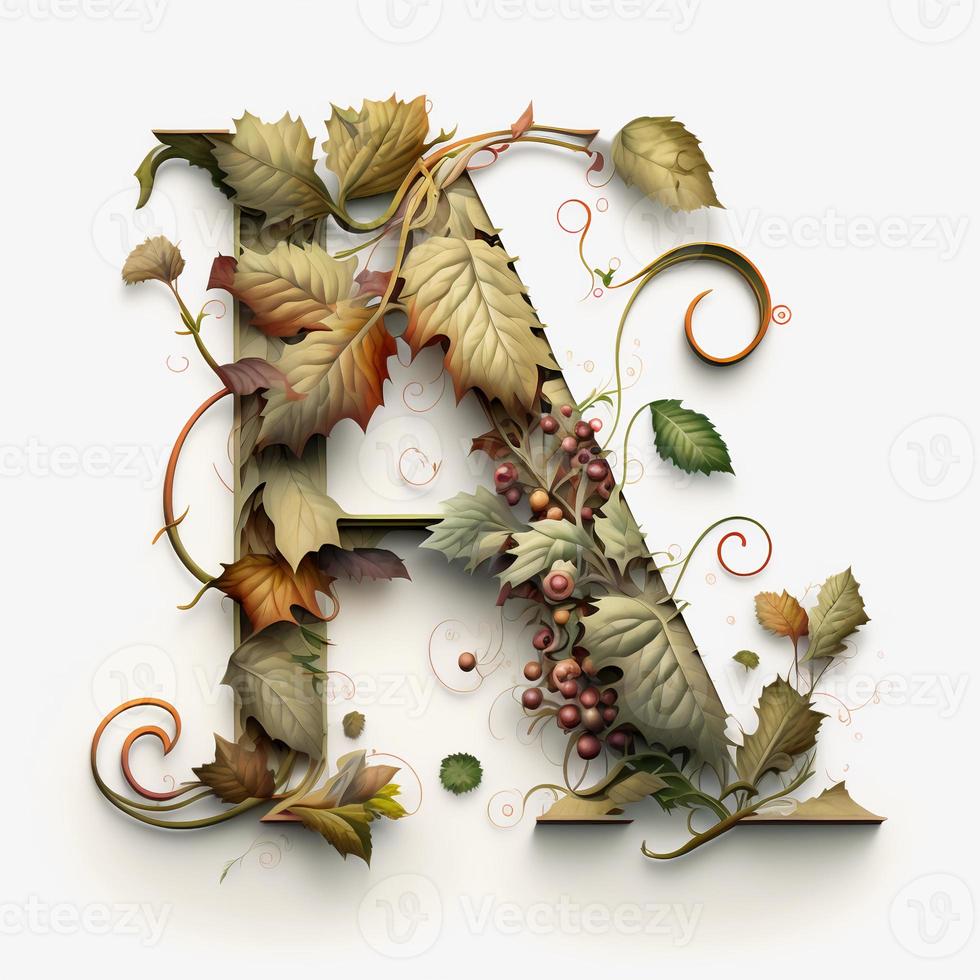 naturalezas detallado letra un con enredadera, ramas y hojas, creado con generativo ai foto