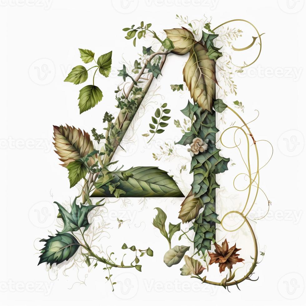 Natures detailed letter A with vine, branches and leaves, created with generative AI photo