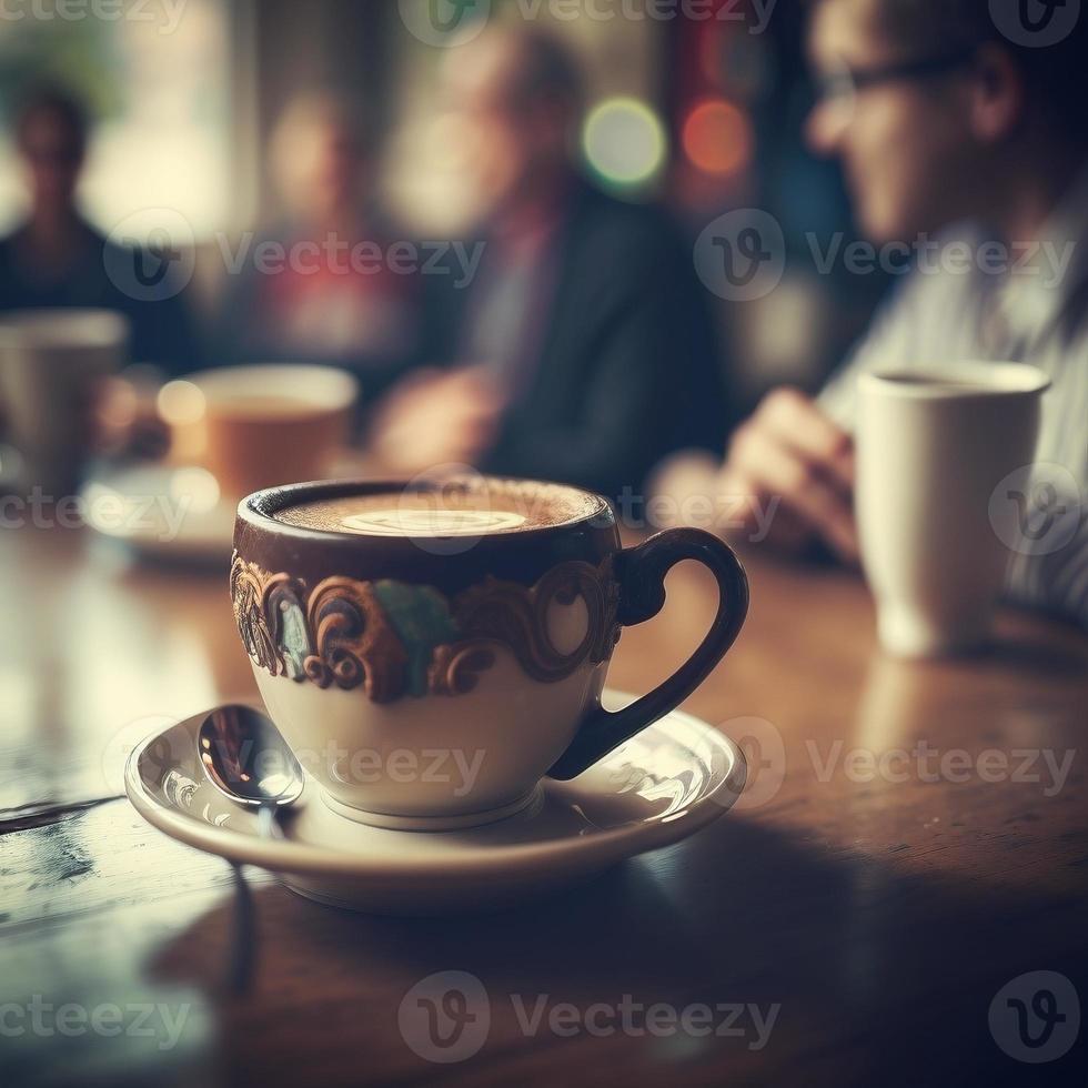 Coffee cup on the table with blurred coffee shop in background, created with generative AI photo