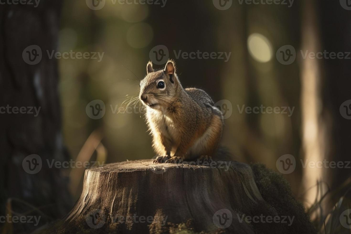 Cute small squirrel sitting on the tree trunk, created with generative AI photo