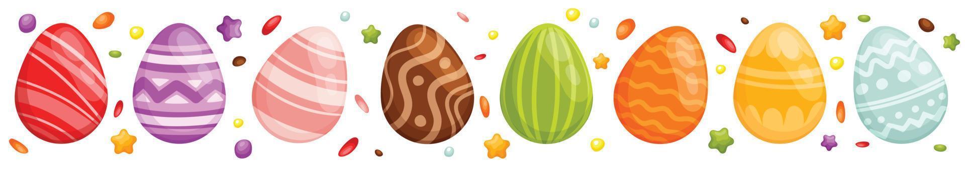 Easter eggs in a row with different colors and patterns and sprinkled with sugar. vector