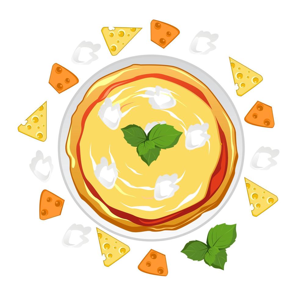 Fresh four cheese pizza with various ingredients. Top view Whole pizza with tomatoes, olives, basil and cheese. Italian pizza. Vector illustration