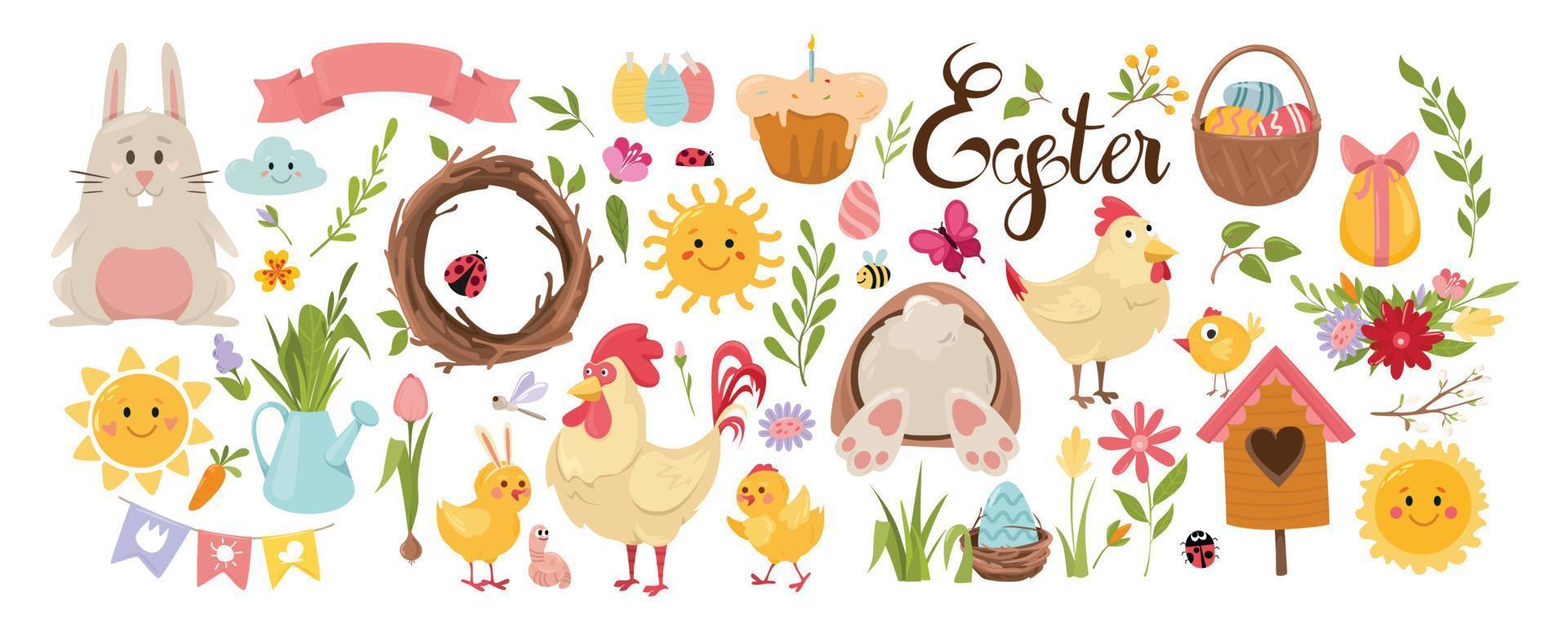 Big Easter and spring collection. Isolated set of decor flowers and animals.Ideal for poster, cards, stickers. vector