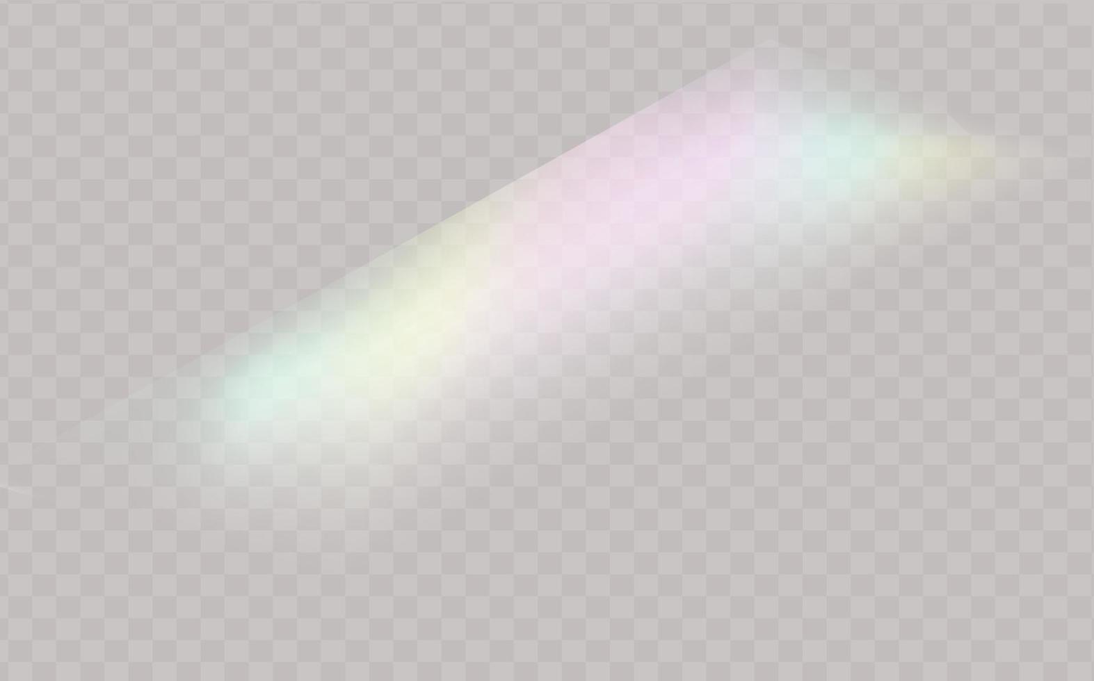 A set of colourful vector lens, crystal rainbow light and flare transparent effects.Overlay for backgrounds.Triangular prism concept.