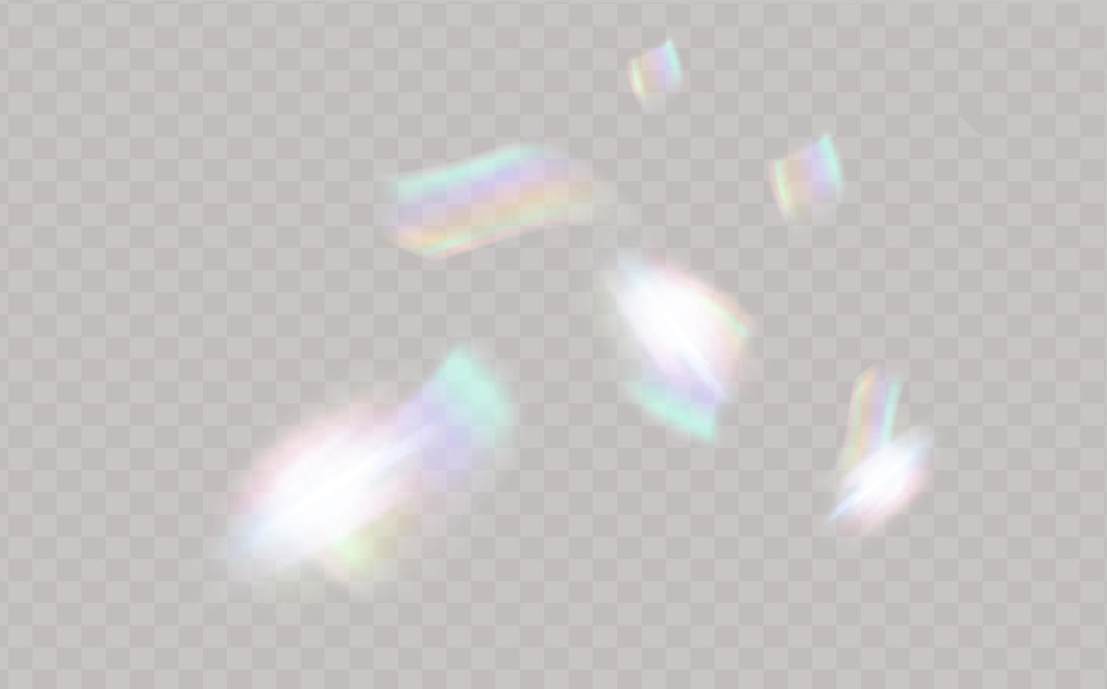 A set of colourful vector lens, crystal rainbow light and flare transparent effects.Overlay for backgrounds.Triangular prism concept.