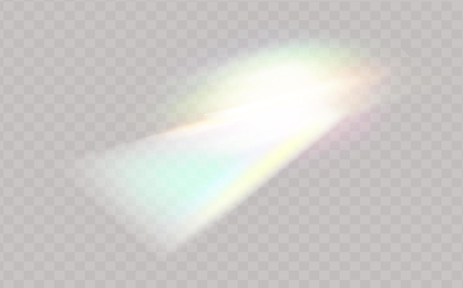 A set of colourful vector lens, crystal rainbow light and flare transparent effects.Overlay for backgrounds.Triangular prism concept.