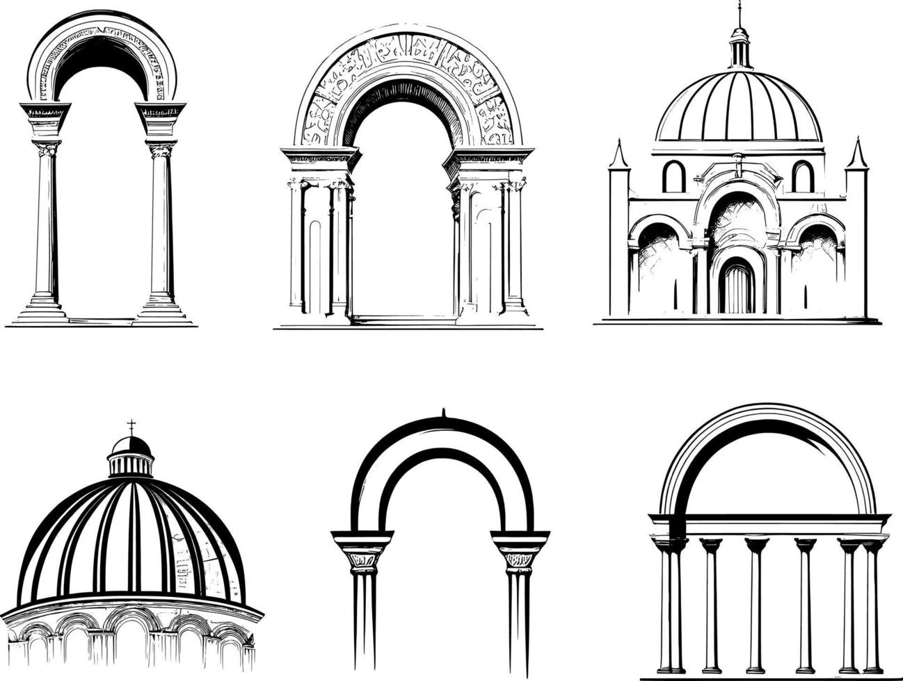 Set of ancient Greek arches and domes.Minimalist style. vector