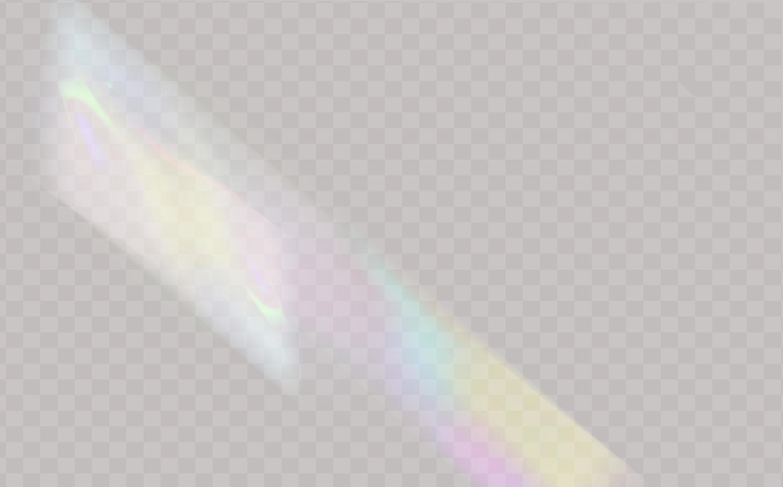 A set of colourful vector lens, crystal rainbow light and flare transparent effects.Overlay for backgrounds.Triangular prism concept.