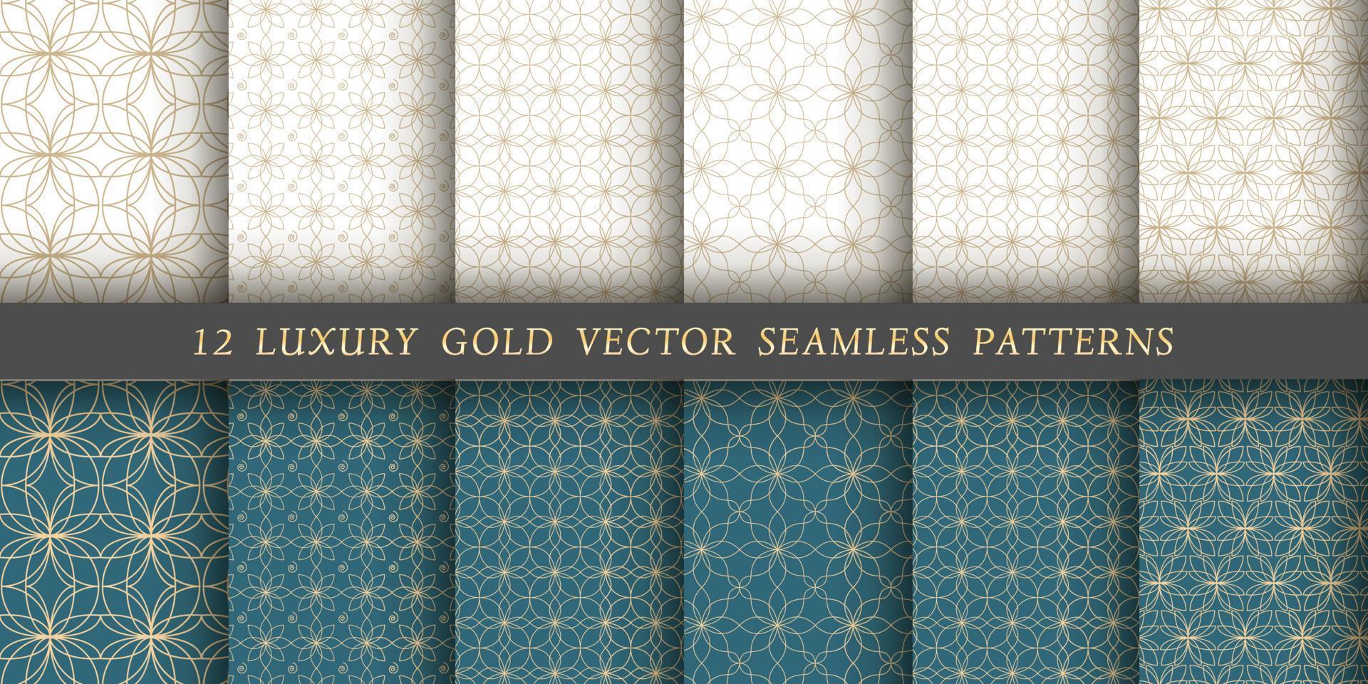 Set of 12 vector seamless patterns. Gold floral patterns on a white and emerald background.