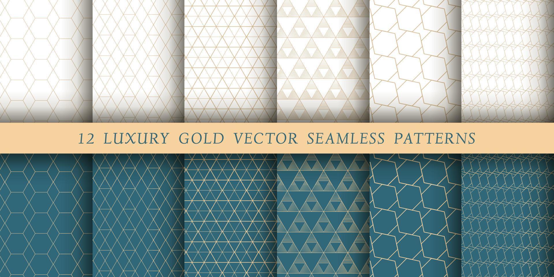 Set of 12 luxurious vector seamless patterns. Geometrical patterns on a white and emerald background. Modern illustrations for wallpapers, flyers, covers, banners, minimalistic ornaments, background