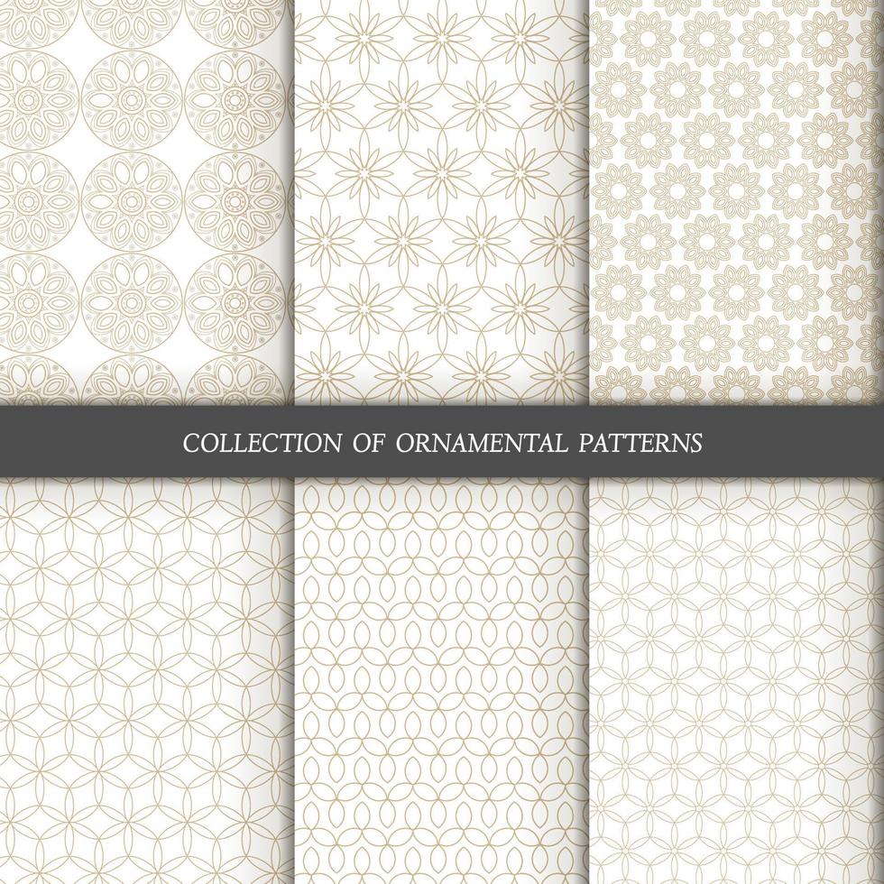 Set of 6 vector seamless patterns. Ornamental gold patterns on a white background.
