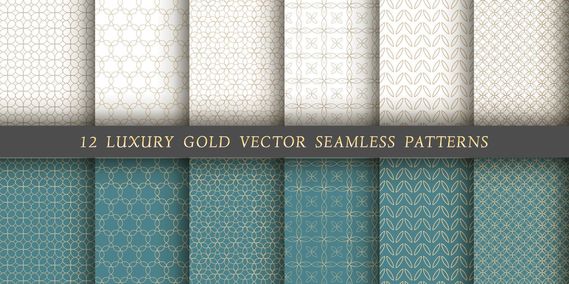 Set of 12 vector seamless patterns. Gold floral patterns on a white and emerald background.