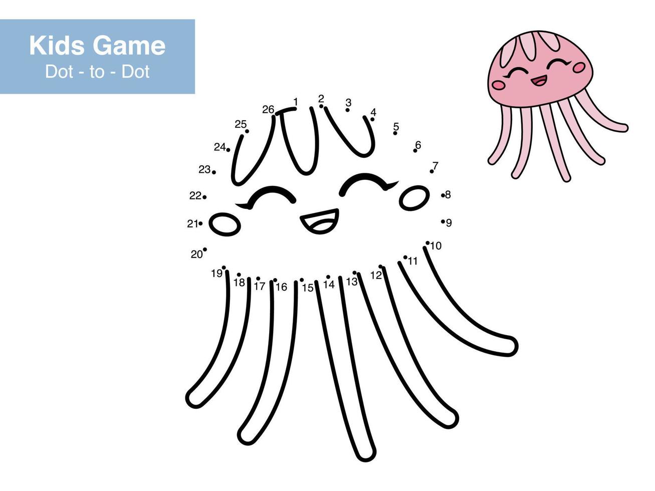 Number game. Dot to dot. Cute jellyfish. Cartoon sea animals. Educational puzzle. Printable activity page for children. Connect the dots and color. Vector illustration