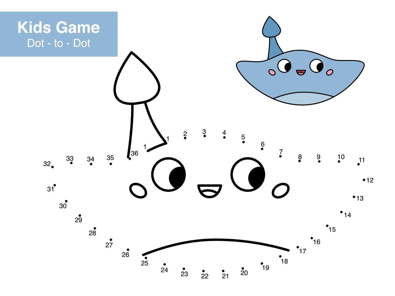 Educational number game. Dot to dot. Cute stingray. Cartoon sea animals. Printable activity page with puzzle. Connect the dots and color. Vector illustration